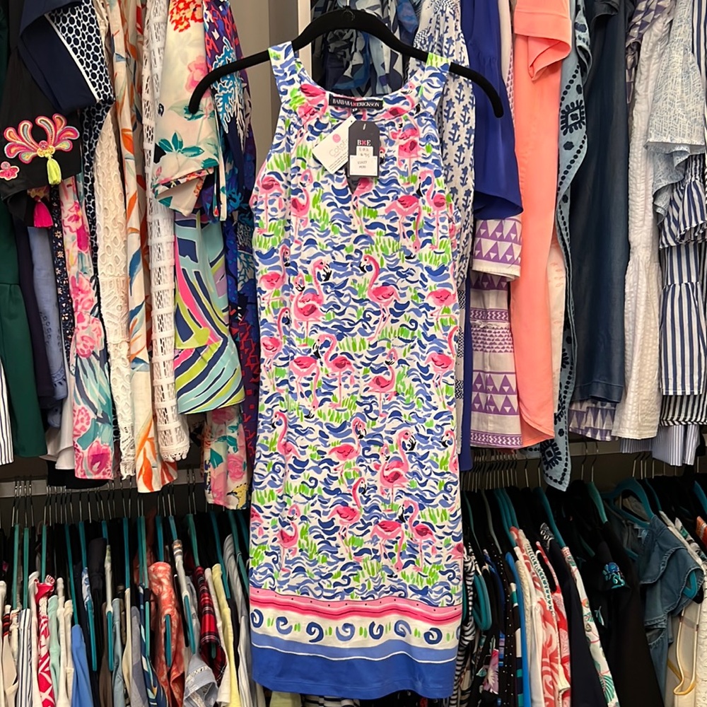 Barbara Erickson never worn, cotton, blue and pink flamingo dress.